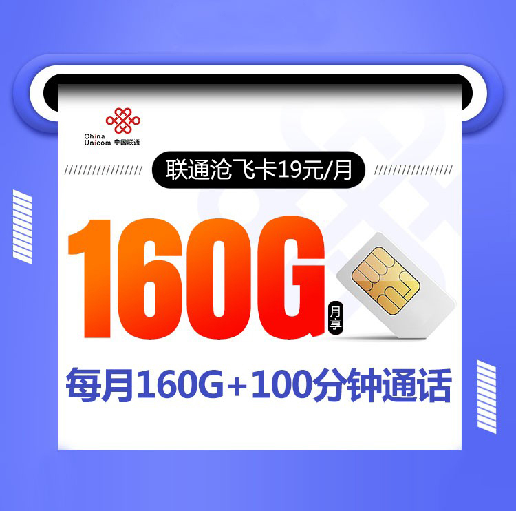 流量卡：联通沧飞卡【 19元160G+100分钟通话】