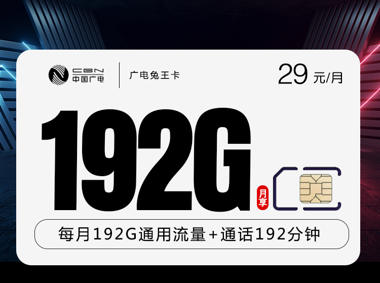 流量卡：广电兔王卡【29元192G+192分钟】（在线选号）